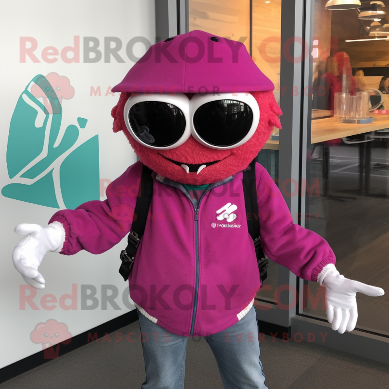 Magenta Crab Cakes mascot costume character dressed with a Moto Jacket and Beanies Magenta Crab Cakes mascot costume character dressed with a Moto Jacket and Beanies