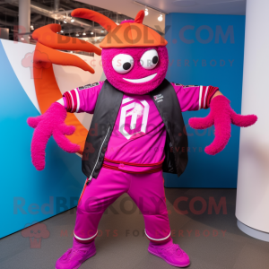 Magenta Crab Cakes mascot costume character dressed with a Moto Jacket and Beanies