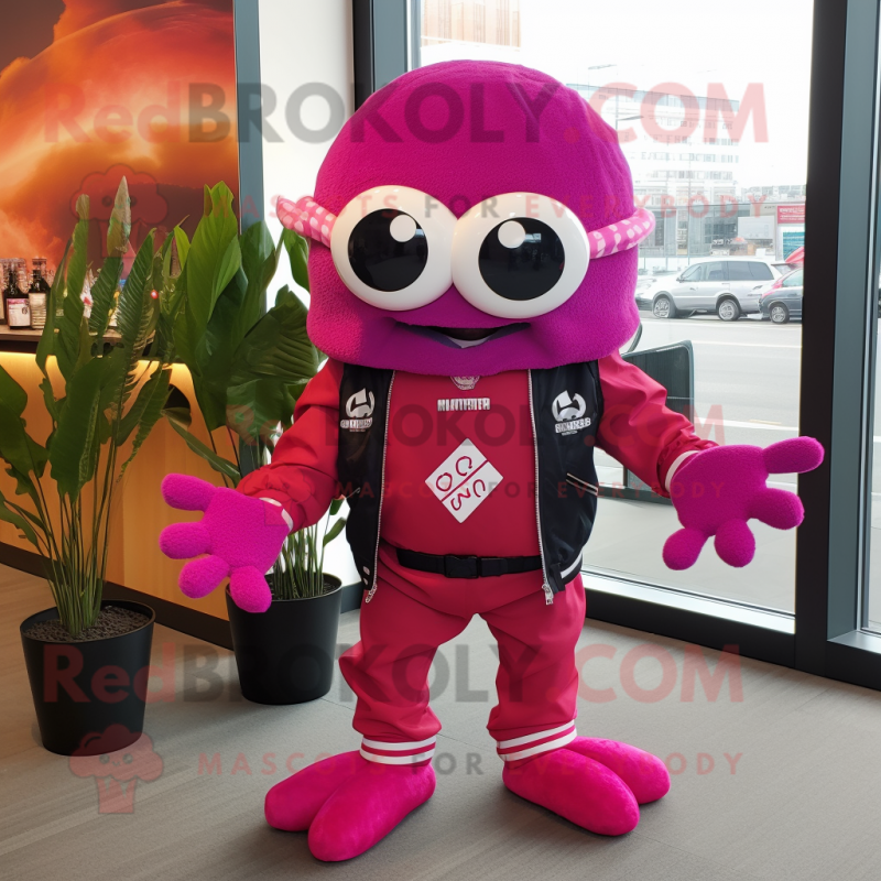 Magenta Crab Cakes mascot costume character dressed with a Moto Jacket and Beanies