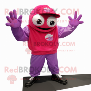 Magenta Crab Cakes mascot costume character dressed with a Moto Jacket and Beanies