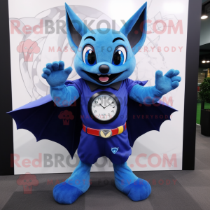 Blue Bat mascot costume character dressed with a V-Neck Tee and Digital watches