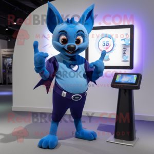 Blue Bat mascot costume character dressed with a V-Neck Tee and Digital watches