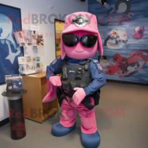 Pink Navy Seal mascot costume character dressed with a Bootcut Jeans and Backpacks