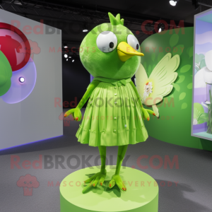 Lime Green Quail mascot costume character dressed with a Playsuit and Brooches