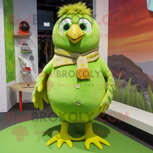 Lime Green Quail mascot costume character dressed with a Playsuit and Brooches