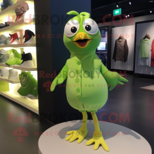 Lime Green Quail mascot costume character dressed with a Playsuit and Brooches