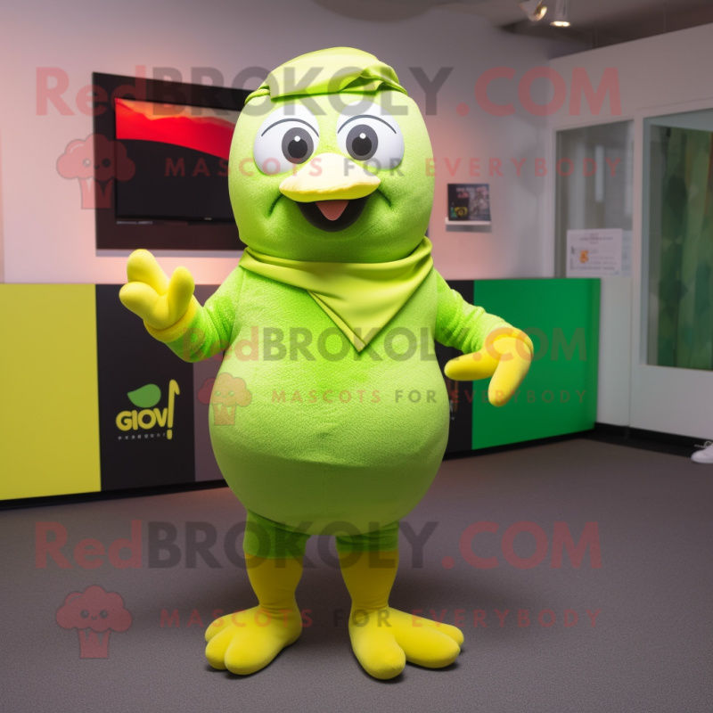 Lime Green Quail mascot costume character dressed with a Playsuit and Brooches