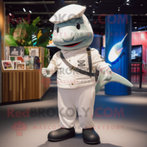 White Swordfish mascot costume character dressed with a Cargo Pants and Berets