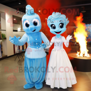 Sky Blue Fire Eater mascot costume character dressed with a Wedding Dress and Mittens