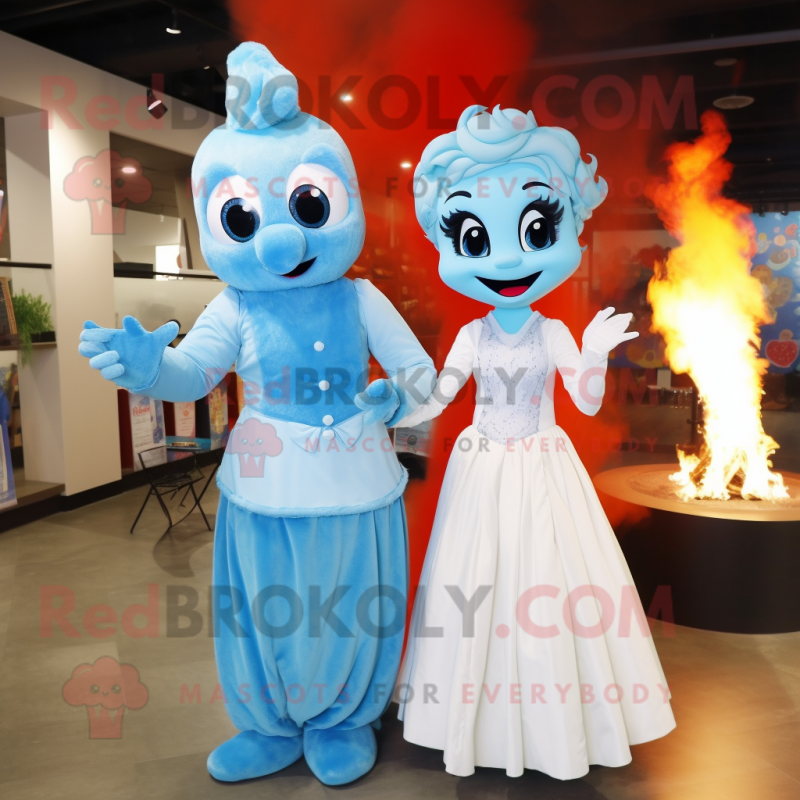 Sky Blue Fire Eater mascot costume character dressed with a Wedding Dress and Mittens