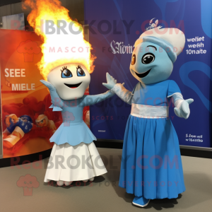 Sky Blue Fire Eater mascot costume character dressed with a Wedding Dress and Mittens