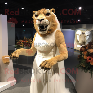 nan Smilodon mascot costume character dressed with a Wedding Dress and Rings