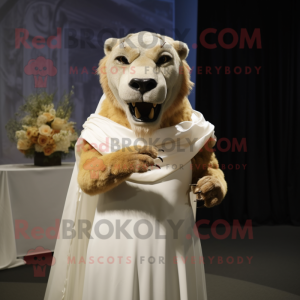 nan Smilodon mascot costume character dressed with a Wedding Dress and Rings