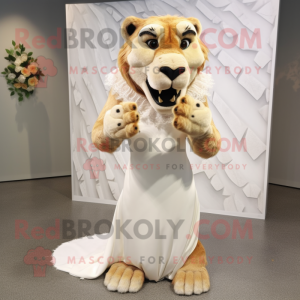 nan Smilodon mascot costume character dressed with a Wedding Dress and Rings