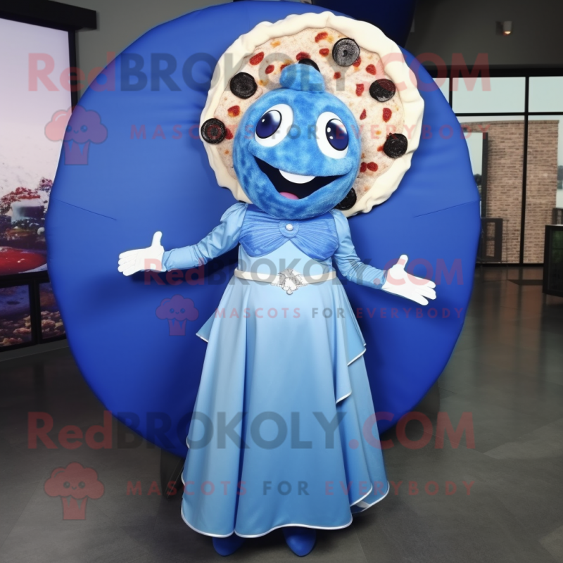 Blue Pizza mascot costume character dressed with a Dress and Necklaces