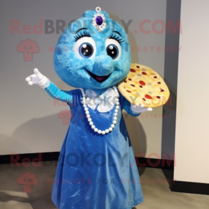 Blue Pizza mascot costume character dressed with a Dress and Necklaces