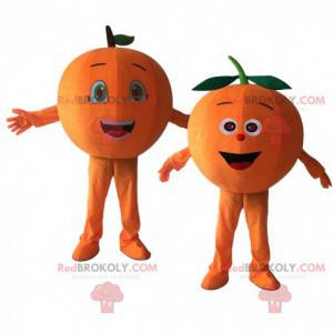 2 obří oranžoví maskoti, oranžové citrusové kostýmy -