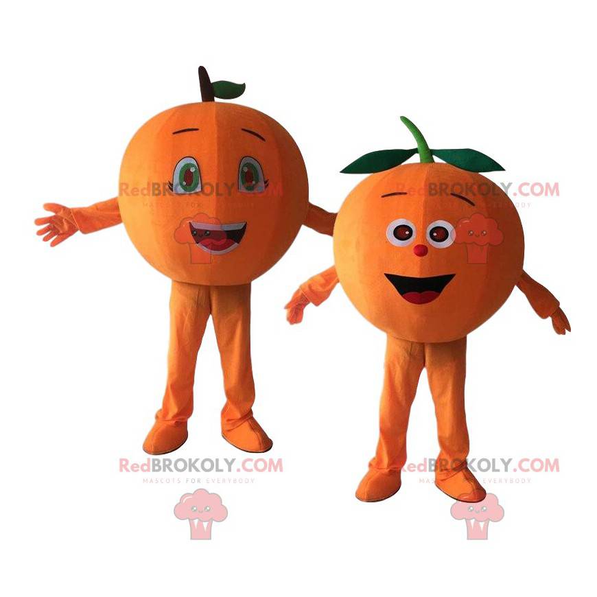 2 mascotes laranja gigantes, fantasias cítricas de laranja -