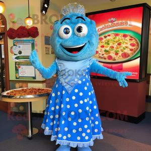Blue Pizza mascot costume character dressed with a Dress and Necklaces