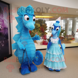 Sky Blue Sea Horse mascot costume character dressed with a Evening Gown and Clutch bags