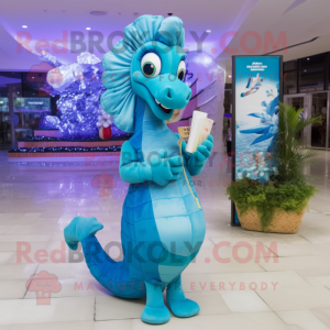 Sky Blue Sea Horse mascot costume character dressed with a Evening Gown and Clutch bags