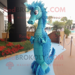 Sky Blue Sea Horse mascot costume character dressed with a Evening Gown and Clutch bags