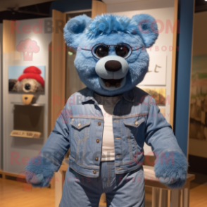 Blue Teddy Bear mascot costume character dressed with a Denim Shirt and Eyeglasses