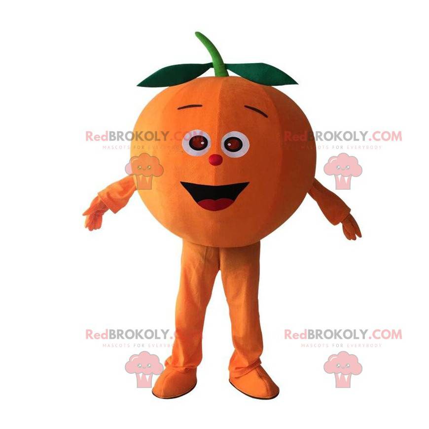 Gigantisk oransje maskot, oransje og rund fruktdrakt -