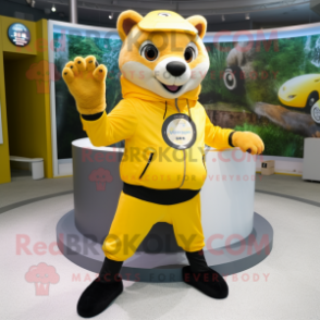 Yellow Marten mascot costume character dressed with a Sweatshirt and Rings