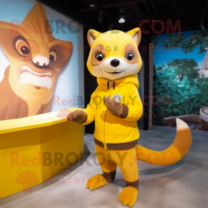 Yellow Marten mascot costume character dressed with a Sweatshirt and Rings