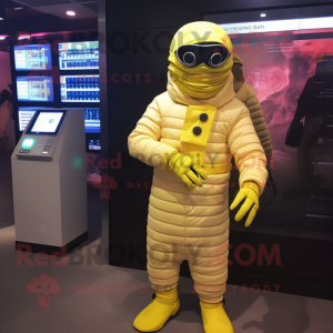 Lemon Yellow Mummy mascot costume character dressed with a Coat and Digital watches