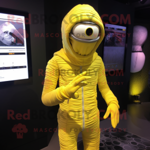 Lemon Yellow Mummy mascot costume character dressed with a Coat and Digital watches