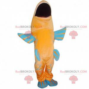 Mascotte di pesce arancione e blu, costume da carpa colorato -