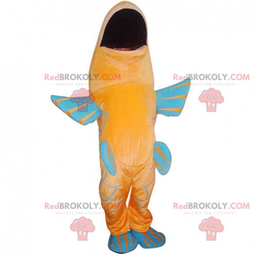 Mascota de pez naranja y azul, disfraz de carpa colorida -