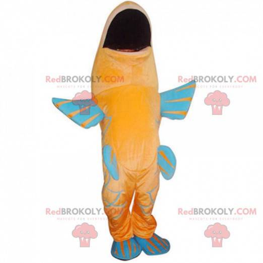 Orange and blue fish mascot, colorful carp costume -
