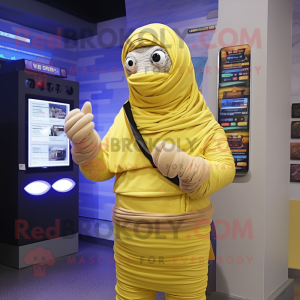 Lemon Yellow Mummy mascot costume character dressed with a Coat and Digital watches