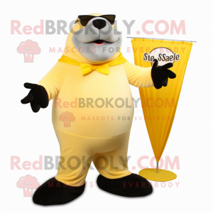 Yellow Stellar'S Sea Cow mascot costume character dressed with a Tuxedo and Sunglasses