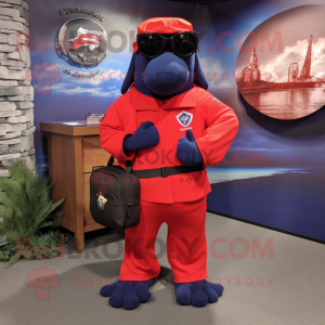 Red Navy Seal mascot costume character dressed with a Dress Shirt and Messenger bags
