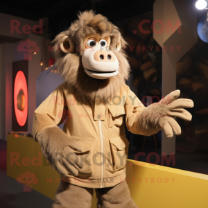 Beige Baboon mascot costume character dressed with a Vest and Mittens