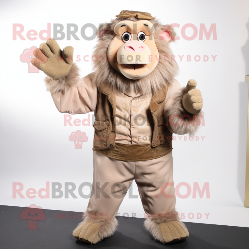 Beige Baboon mascot costume character dressed with a Vest and Mittens