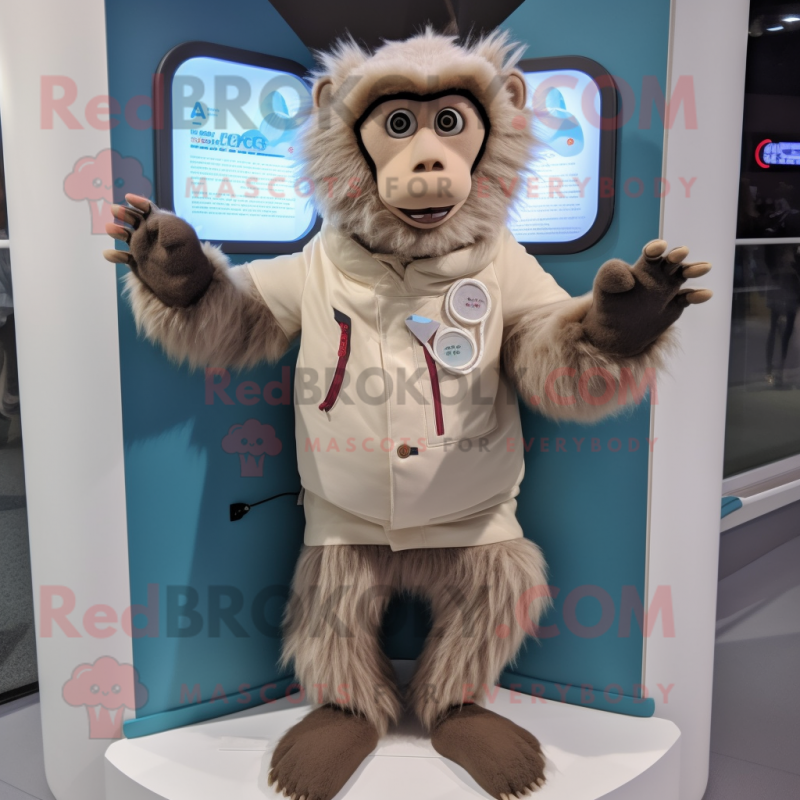 Beige Baboon mascot costume character dressed with a Vest and Mittens