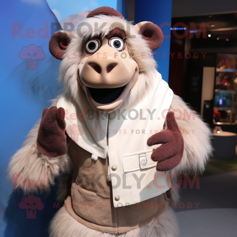 Beige Baboon mascot costume character dressed with a Vest and Mittens