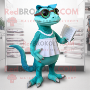 Teal Lizard mascot costume character dressed with a A-Line Dress and Reading glasses