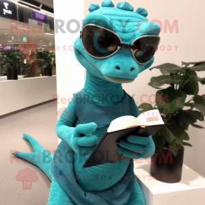 Teal Lizard mascot costume character dressed with a A-Line Dress and Reading glasses