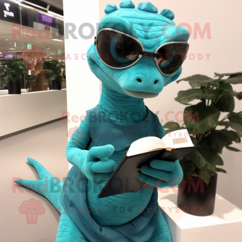 Teal Lizard mascot costume character dressed with a A-Line Dress and Reading glasses Teal Lizard mascot costume character dressed with a A-Line Dress and Reading glasses