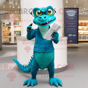 Teal Lizard mascot costume character dressed with a A-Line Dress and Reading glasses