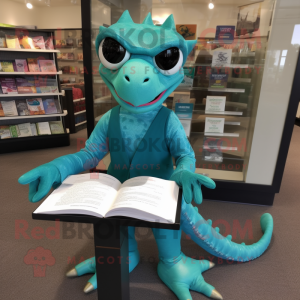 Teal Lizard mascot costume character dressed with a A-Line Dress and Reading glasses
