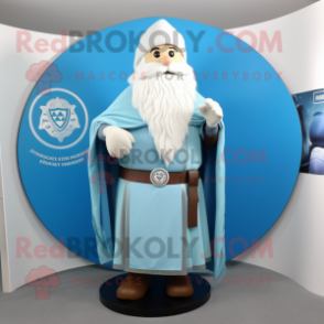 Sky Blue Celtic Shield mascot costume character dressed with a Henley Shirt and Shawls