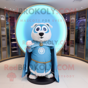 Sky Blue Celtic Shield mascot costume character dressed with a Henley Shirt and Shawls