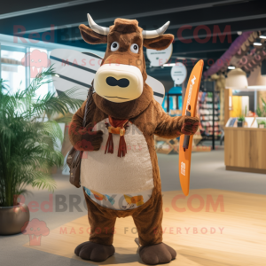 Brown Zebu mascot costume character dressed with a Board Shorts and Mittens